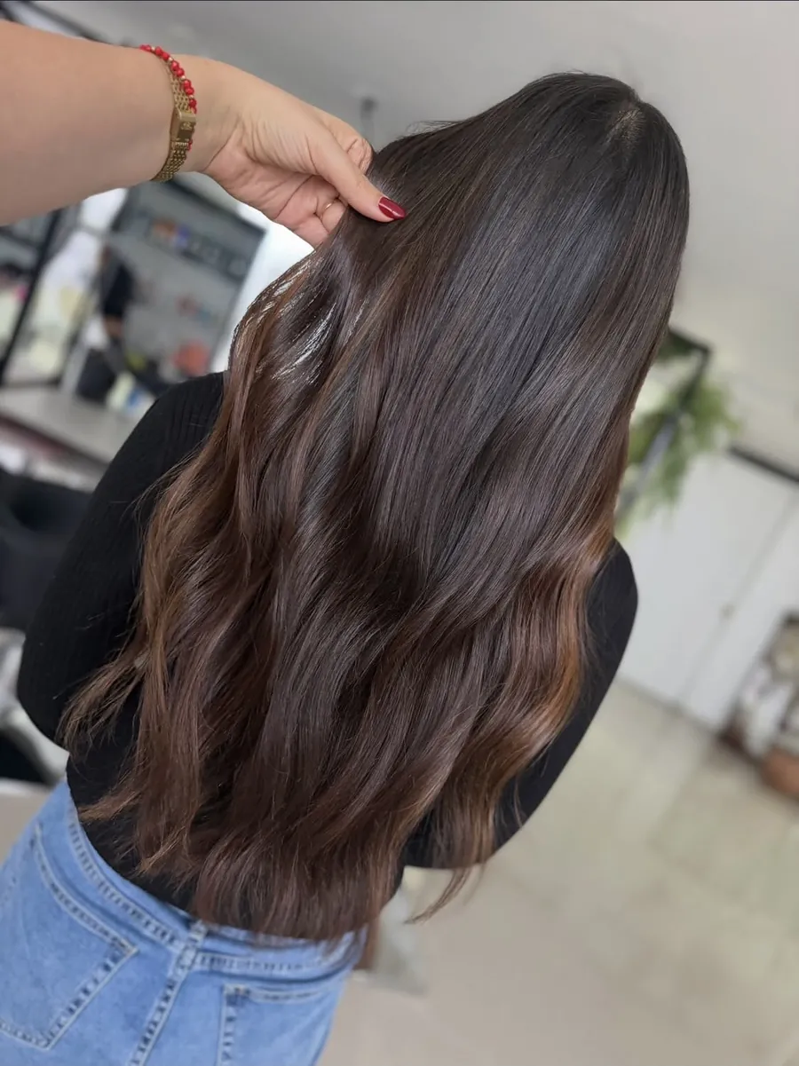 Cabello castaño largo con brillo, visto de espalda